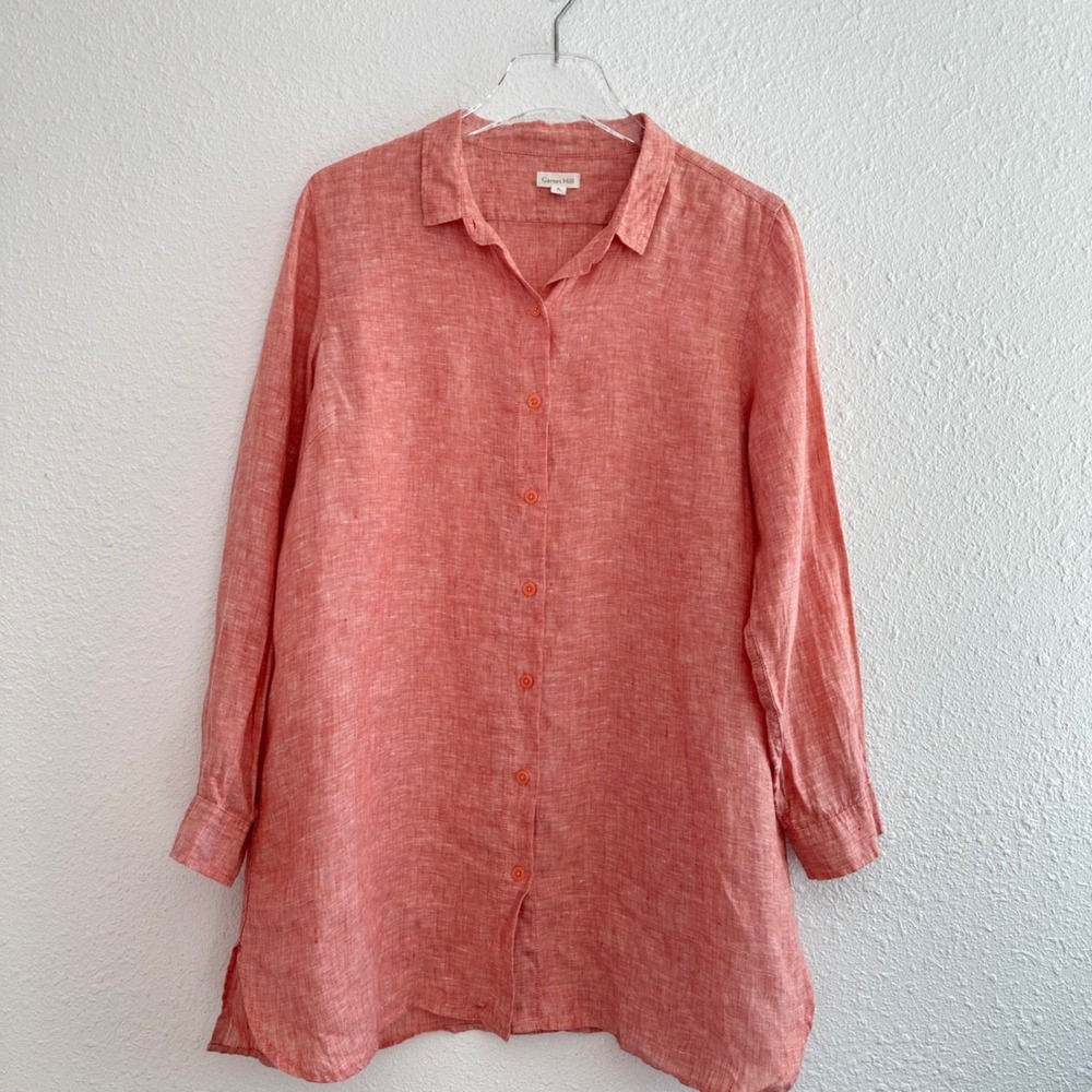 Garnet‎ Hill Easy Linen Tunic Button Down Womens PL Coral Long Sleeve Coastal